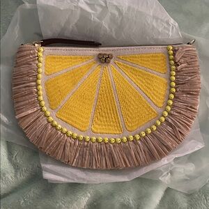 Stella & Dot lemon Yellow and Tan Clutch with Fringe